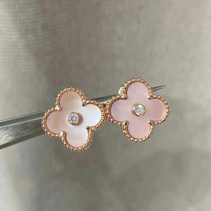 [✨ROSE💎]CLOVER MEDIUM 1 MOTIFS  PINK MOP DIAMOND EARRINGS