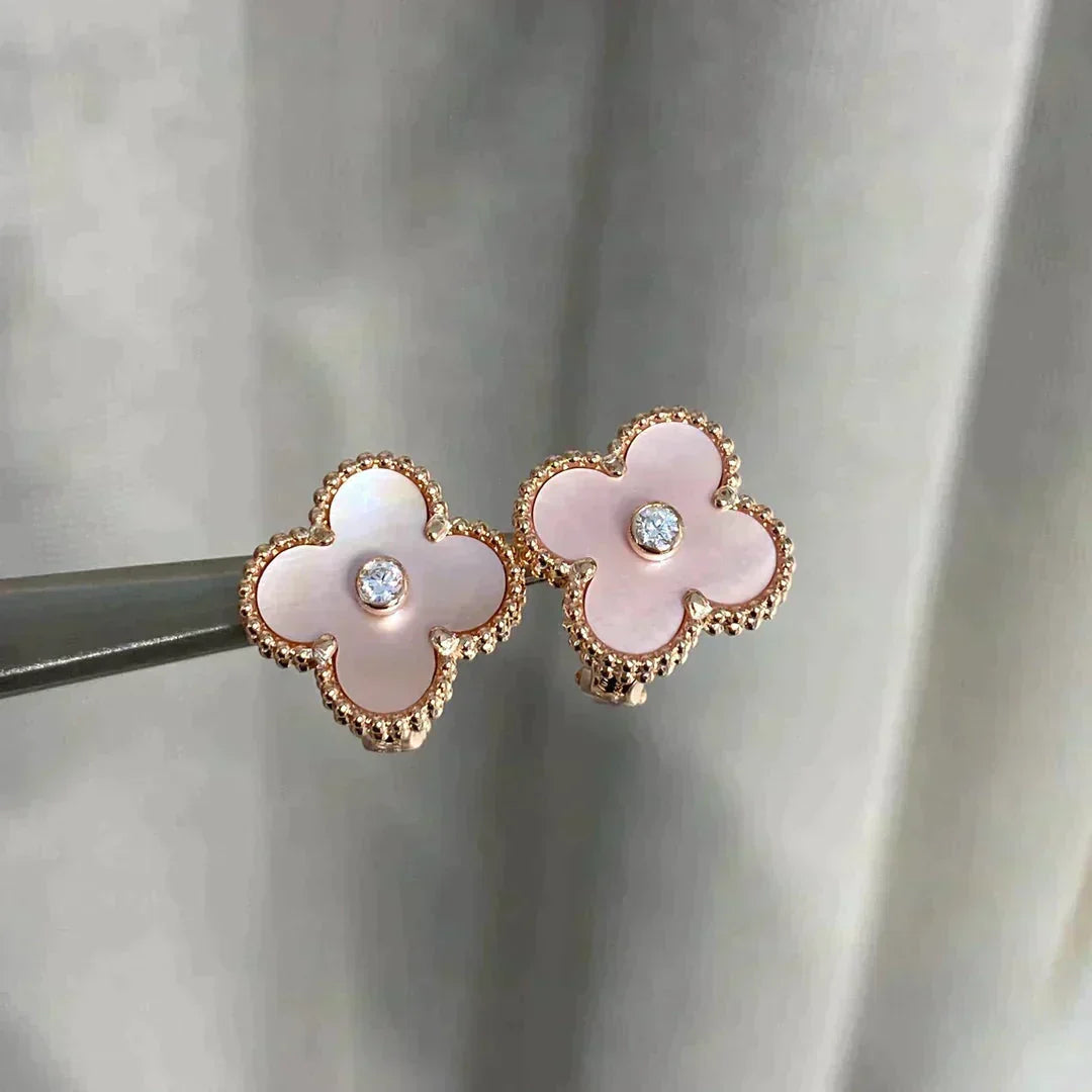 [✨ROSE💎]CLOVER MEDIUM 1 MOTIFS  PINK MOP DIAMOND EARRINGS