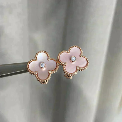 [✨ROSE💎]CLOVER MEDIUM 1 MOTIFS  PINK MOP DIAMOND EARRINGS