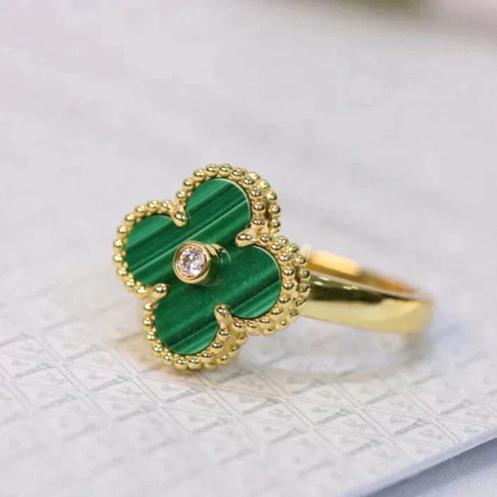 [✨ROSE💎]CLOVER MALACHITE RING GOLD DIAMOND