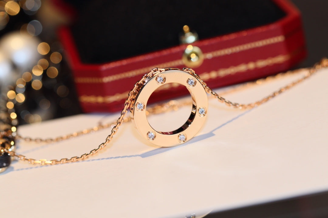 [✨ROSE💎]LOVE NECKLACE 16MM 6 DIAMONDS PINK GOLD