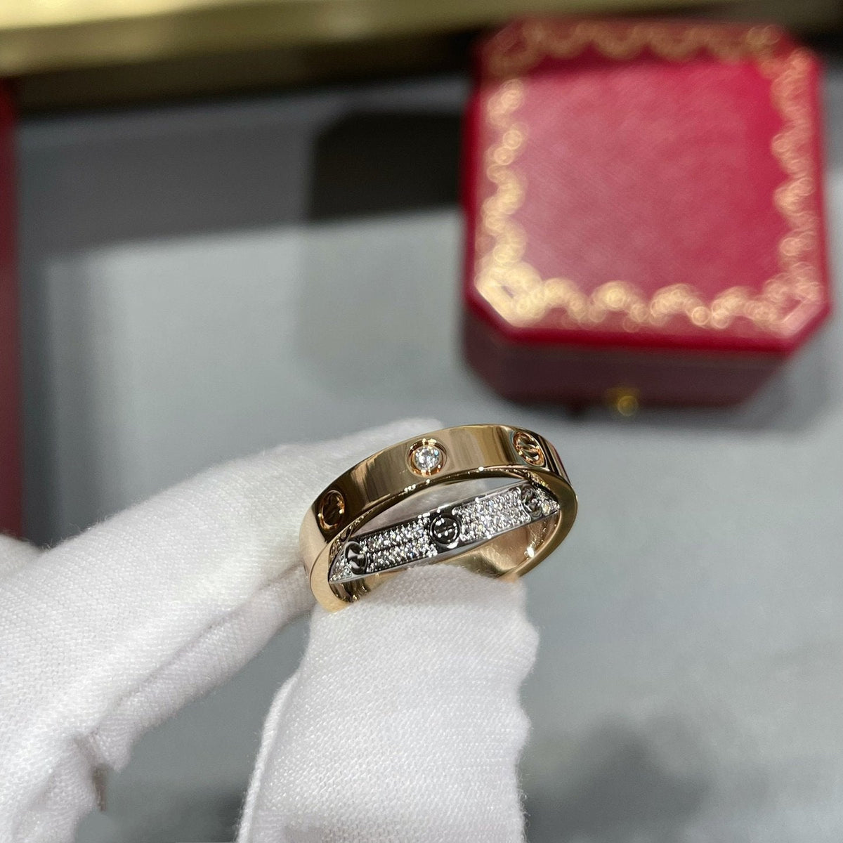 [✨ROSE💎]LOVE PINK GOLD SILVER DIAMOND DOUBLE RING
