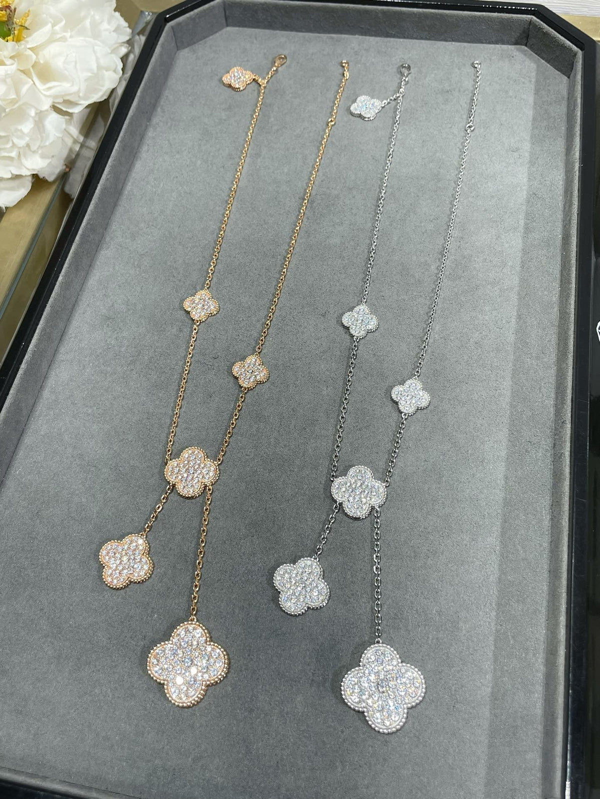 [✨ROSE💎]CLOVER 6 MOTIF DIAMOND PAVED NECKLACE