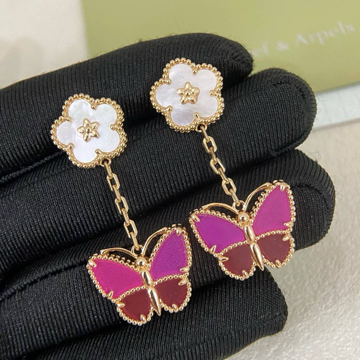 [✨ROSE💎]ROSE QUARTZ TWO‑FLOWER BUTTERFLY DROP EARRINGS