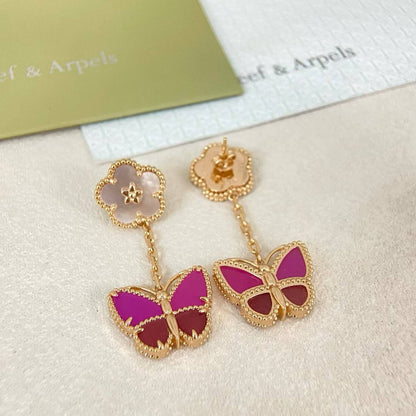 [✨ROSE💎]ROSE QUARTZ TWO‑FLOWER BUTTERFLY DROP EARRINGS
