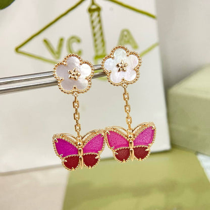 [✨ROSE💎]ROSE QUARTZ TWO‑FLOWER BUTTERFLY DROP EARRINGS