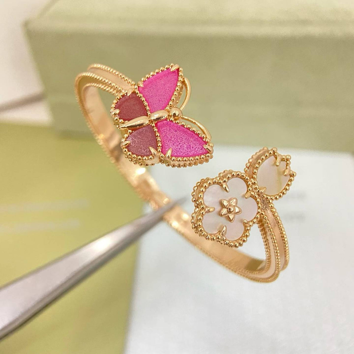 [✨ROSE💎]ROSE QUARTZ THREE‑IN‑ONE BUTTERFLY BRACELET