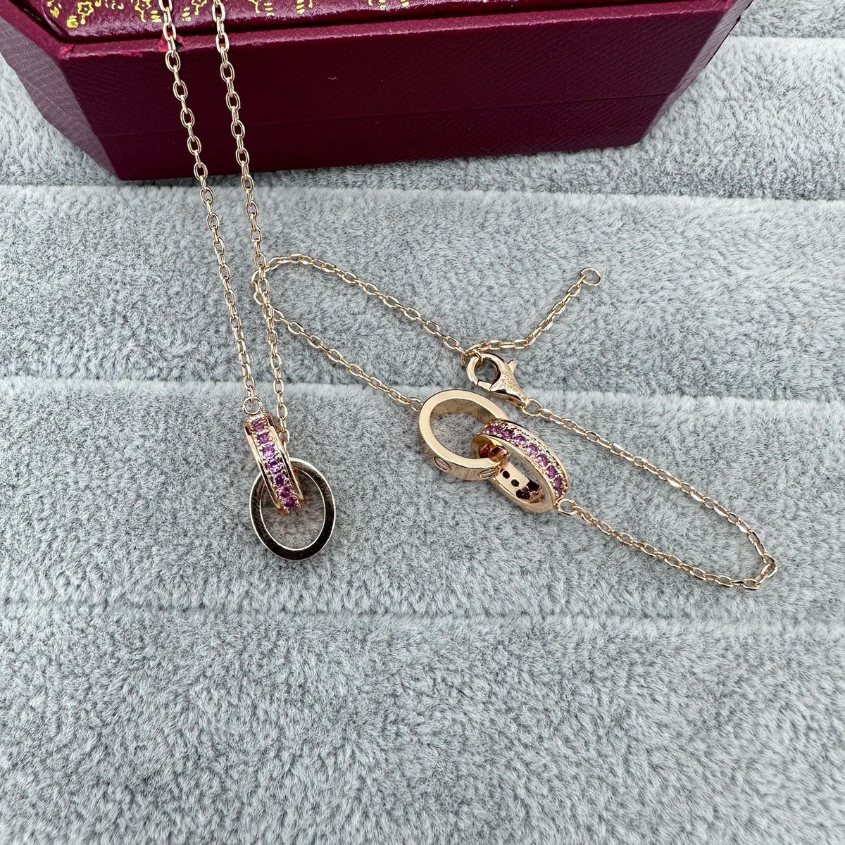 [✨ROSE💎]LOVE DOUBLE PINK STONES RING NECKLACE