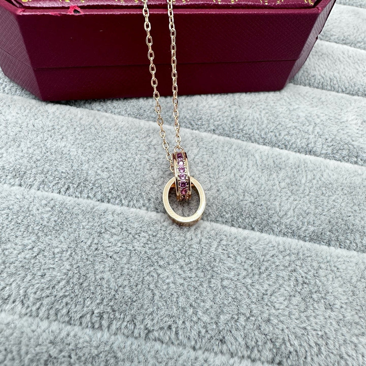 [✨ROSE💎]LOVE DOUBLE PINK STONES RING NECKLACE