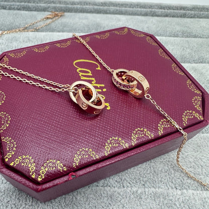 [✨ROSE💎]LOVE DOUBLE PINK STONES RING NECKLACE