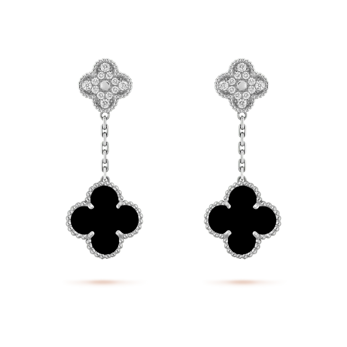 [✨ROSE💎]CLOVER 2 MOTIFS  DIAMOND ONYX EARRINGS SILVER