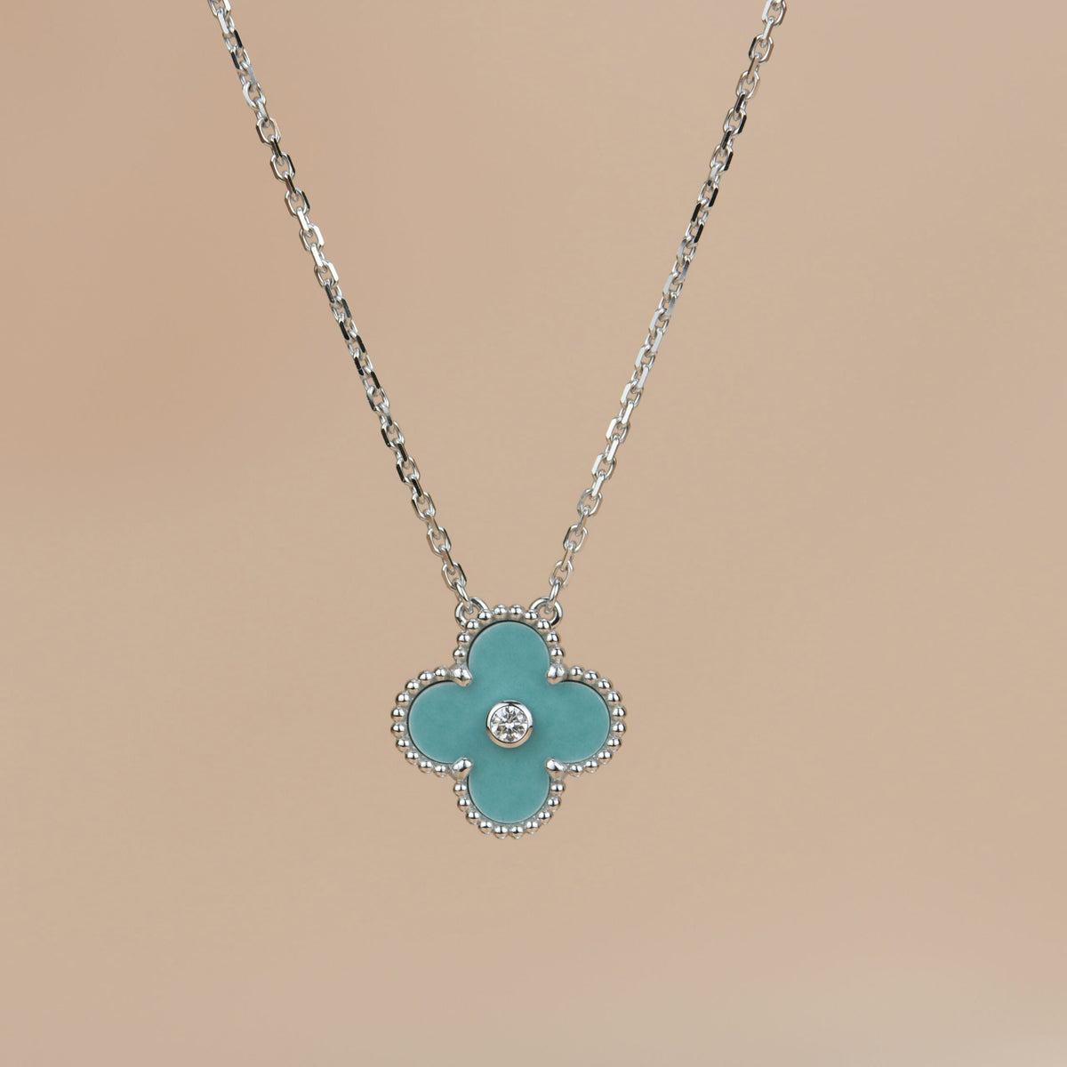 [✨ROSE💎]CLOVER 15MM DIAMOND SVRES PORCELAIN  NECKLACE SILVER
