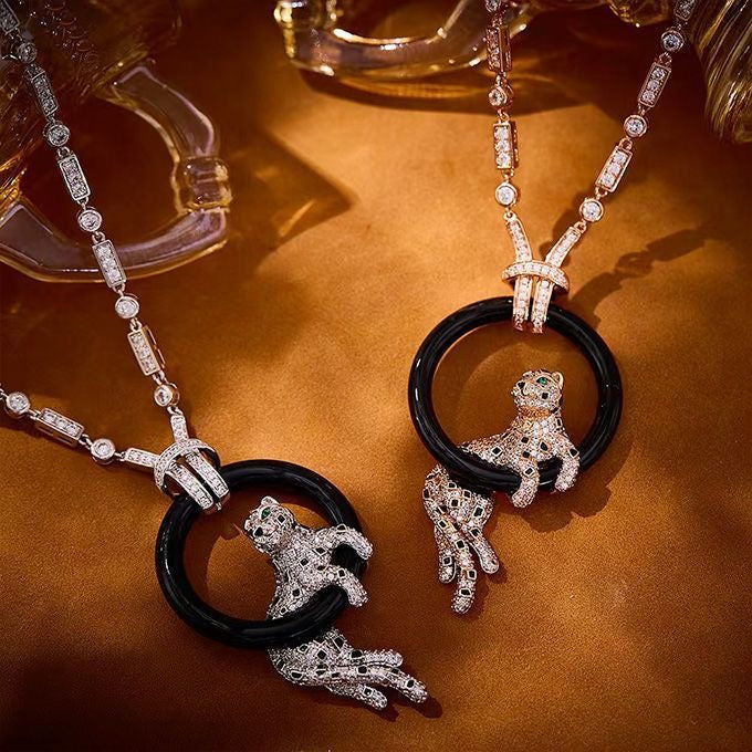 [✨ROSE💎]NEW BLACK CIRCLE PANTHER FULL DIAMOND NECKLACE
