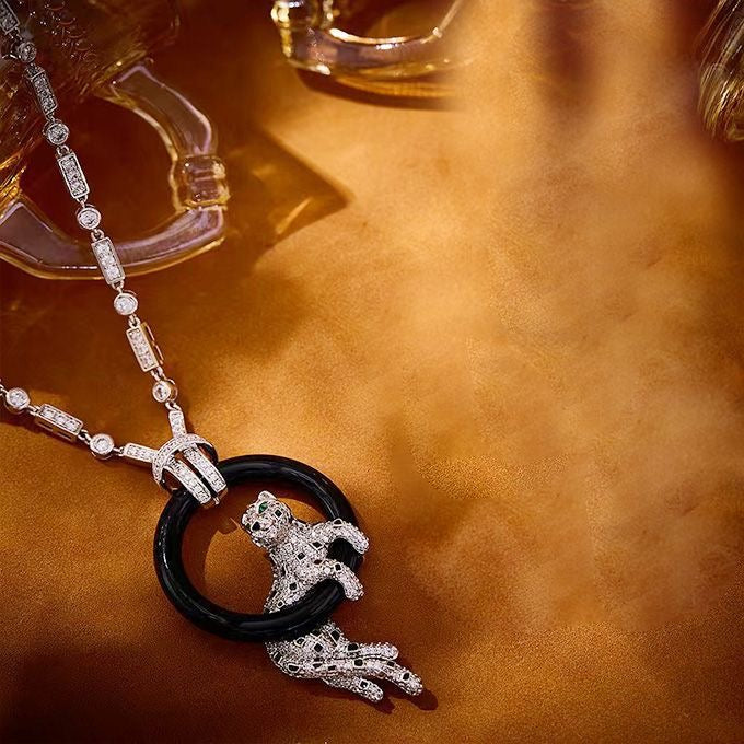 [✨ROSE💎]NEW BLACK CIRCLE PANTHER FULL DIAMOND NECKLACE