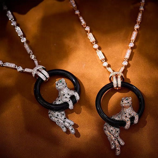 [✨ROSE💎]NEW BLACK CIRCLE PANTHER FULL DIAMOND NECKLACE