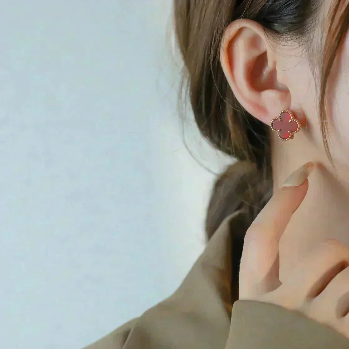 [✨ROSE💎]CLOVER MEDIUM 1 MOTIFS CARNELIAN  EARRINGS