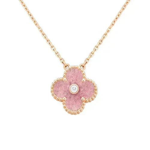 [✨ROSE💎]CLOVER 15MM DIAMOND RHODONITE NECKLACE
