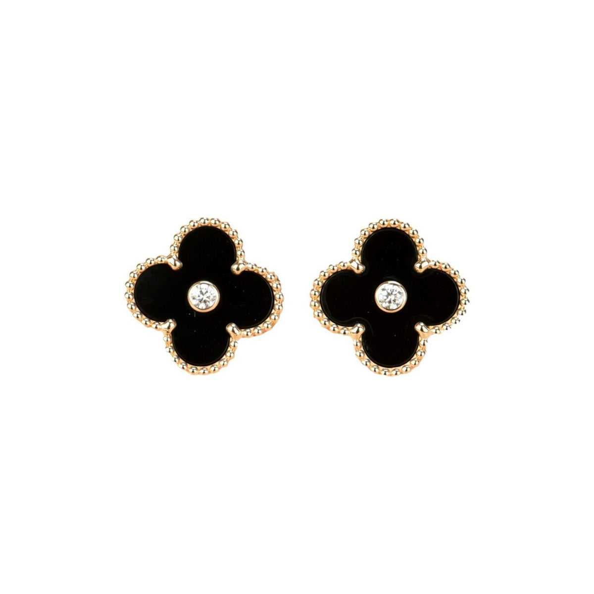 [✨ROSE💎]CLOVER MEDIUM 1 MOTIFS ONYX DIAMOND EARRINGS