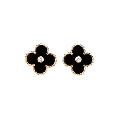 [✨ROSE💎]CLOVER MEDIUM 1 MOTIFS ONYX DIAMOND EARRINGS
