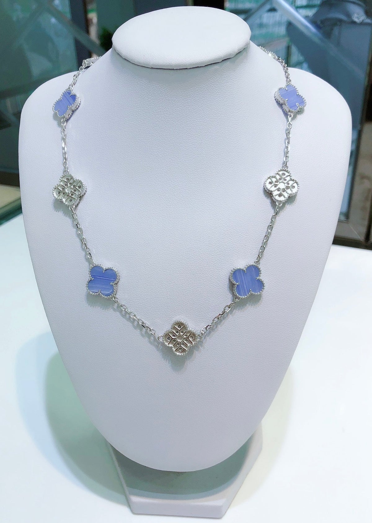 [✨ROSE💎]CLOVER 10 MOTIFS CHALCEDONY DIAMONDS SILVER NECKLACE